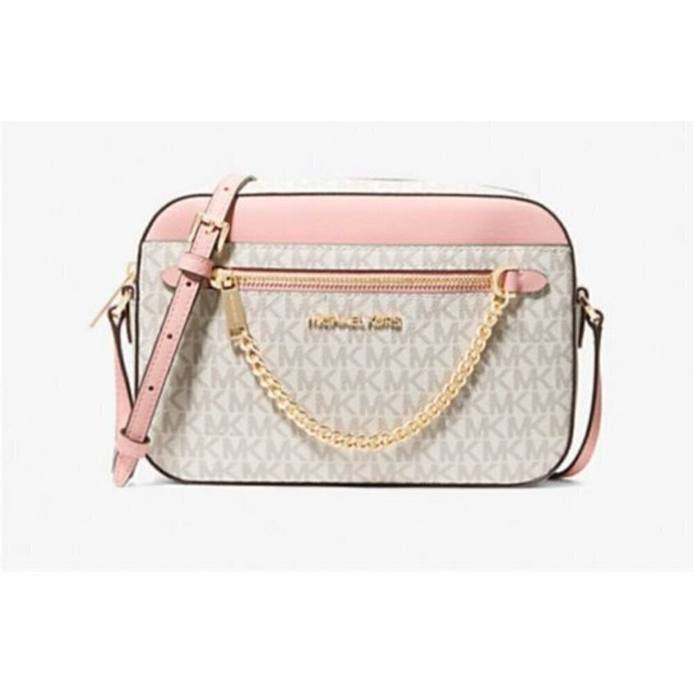 Michael Kors Womens Pink Blush Cream Jet Set Large Logo Crossbody Bag New